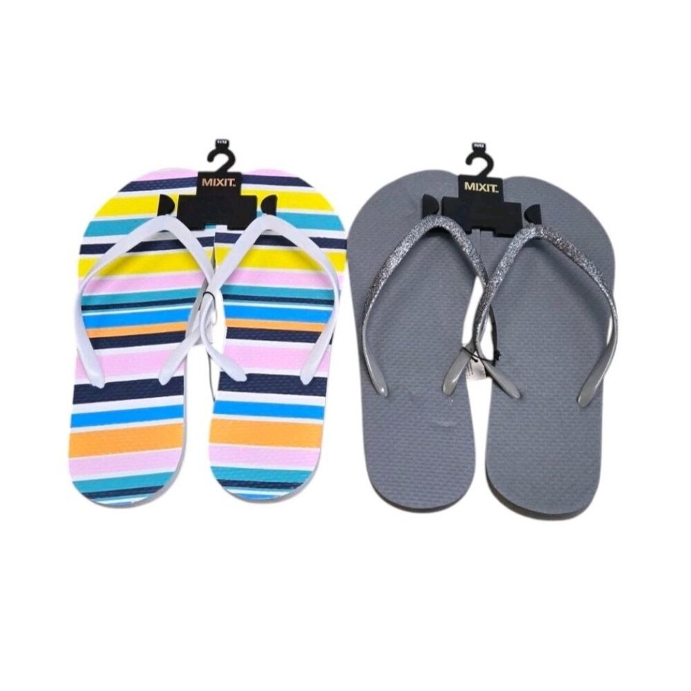 Lot Of 2 Pairs Mixit Flip Flops Womens 11/12 Multi Stripe Gray Glitter Sandals